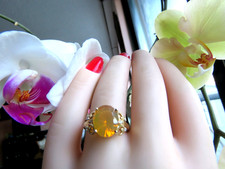 Solid 14k Yellow Gold Natural Yellow-Orange Mexican Opa/ Diamonds Ring 7 * 3.7gr