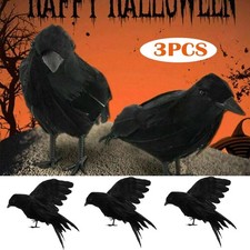3PCS Halloween Feathered Crows Decor Realistic Raven Birds Halloween Prop Decor