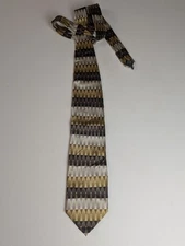 Bergamo New York Handmade Tie 100% Silk Geometric Pattern Brown Gold Beige
