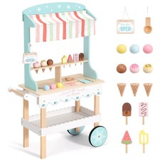 PairPear Large Wooden Ice Cream Grocery Cart, 2 in 1 Pretend Play Ice Cream...