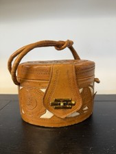 VINTAGE Hand Tooled Leather Floral Round Pill Box Purse With Mirror