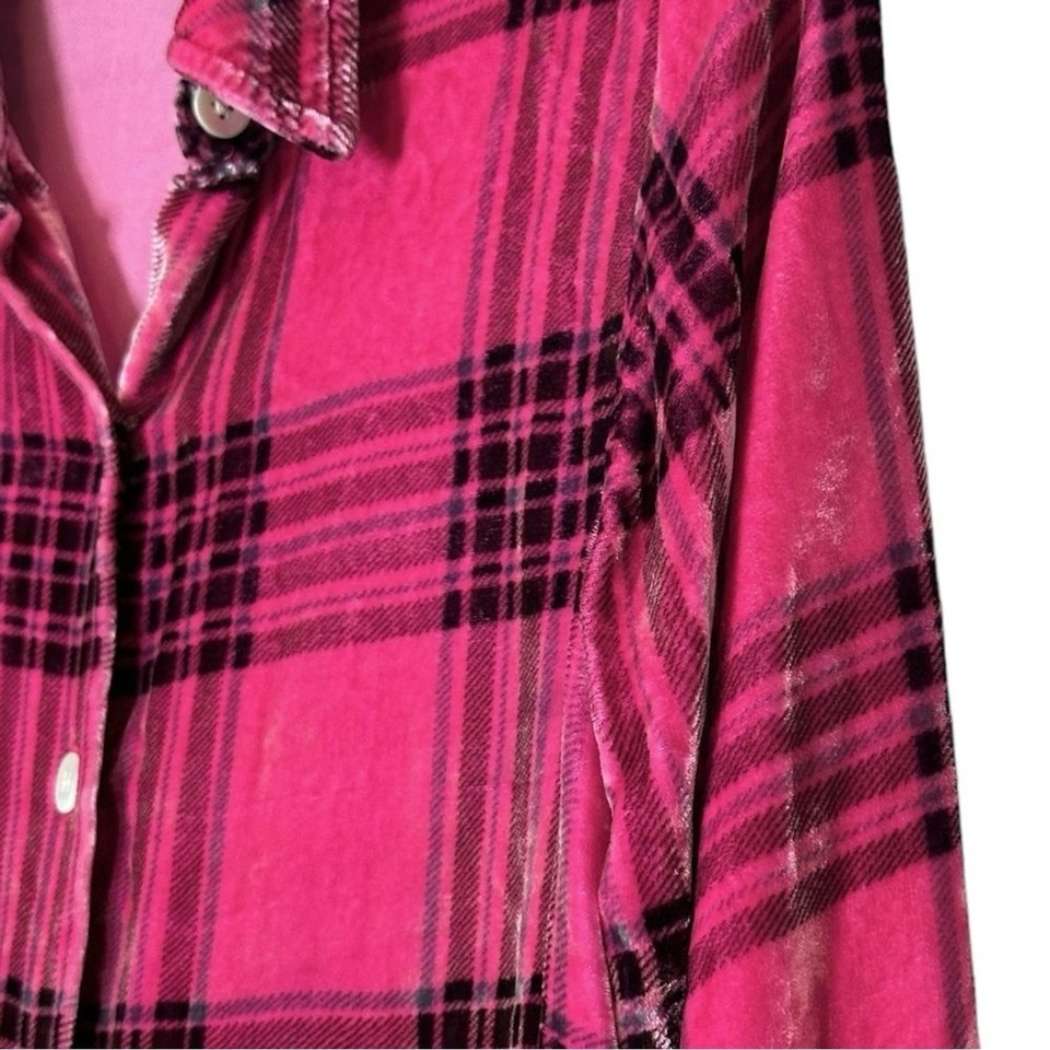 Soft Surroundings Shirt S Pink Velvet Silk Blend Plaid Print Barbie