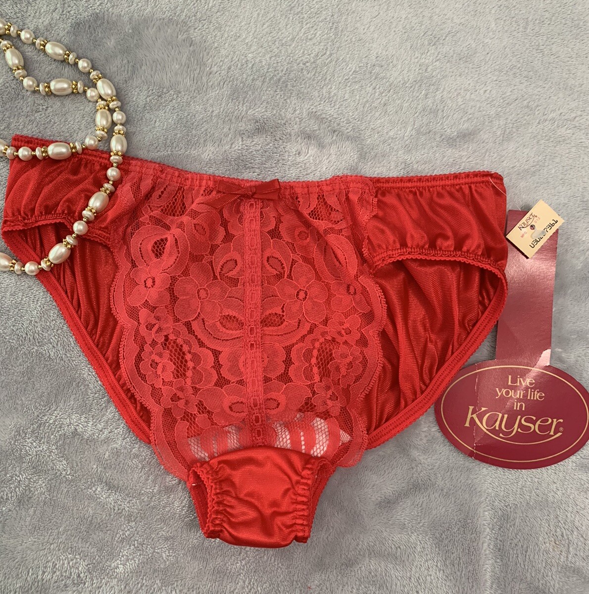 Vtg Shiny sexy Kayser 7 L Panties Nylon Lace Classic Bikini NOS Red