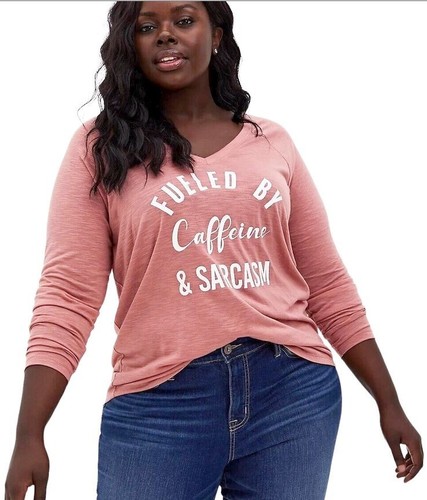 TORRID (00X) Fueled By Caffeine Dusty Coral V Neck Tee Top Shirtail Long Sleeve - Picture 2 of 4