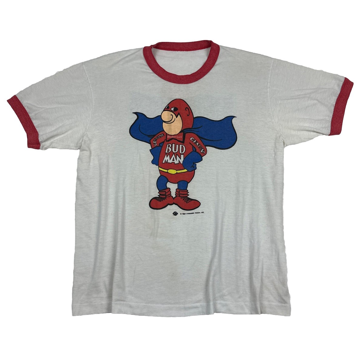VTG 80s Budweiser Bud Man T-Shirt Cartoon Logo Ringer Adult L 