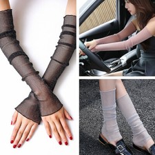 Women Ladies Shimmery Lace Fingerless Long Arm Gloves Anti Sun UV Protection