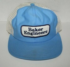 Vintage Baker Engineers Trucker Mesh Patch Farm Hat Blue White USA Made AJD
