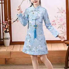 Girls Cheongsam Qipao Dress Floral Embroidered Long Sleeve Chinese Traditional