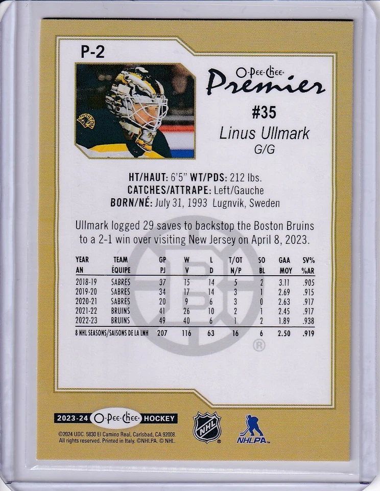 Linus Ullmark, Boston Bruins 2023-24 O Pee Chee premiers #P-2 - Image 2 of 2