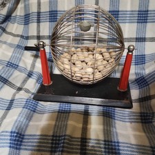 1930-1940s Vintage Bingo Cage Metal Wire Red Bakelite Wood Base Wooden Balls