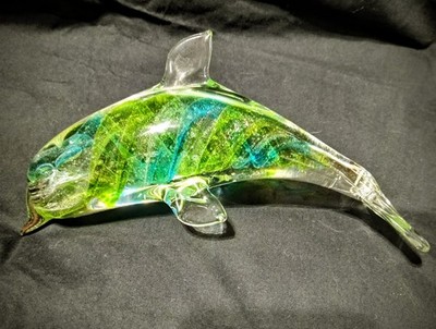 Multi Color Glass Dolphin 7.5 Inches Green And Blue Swirl