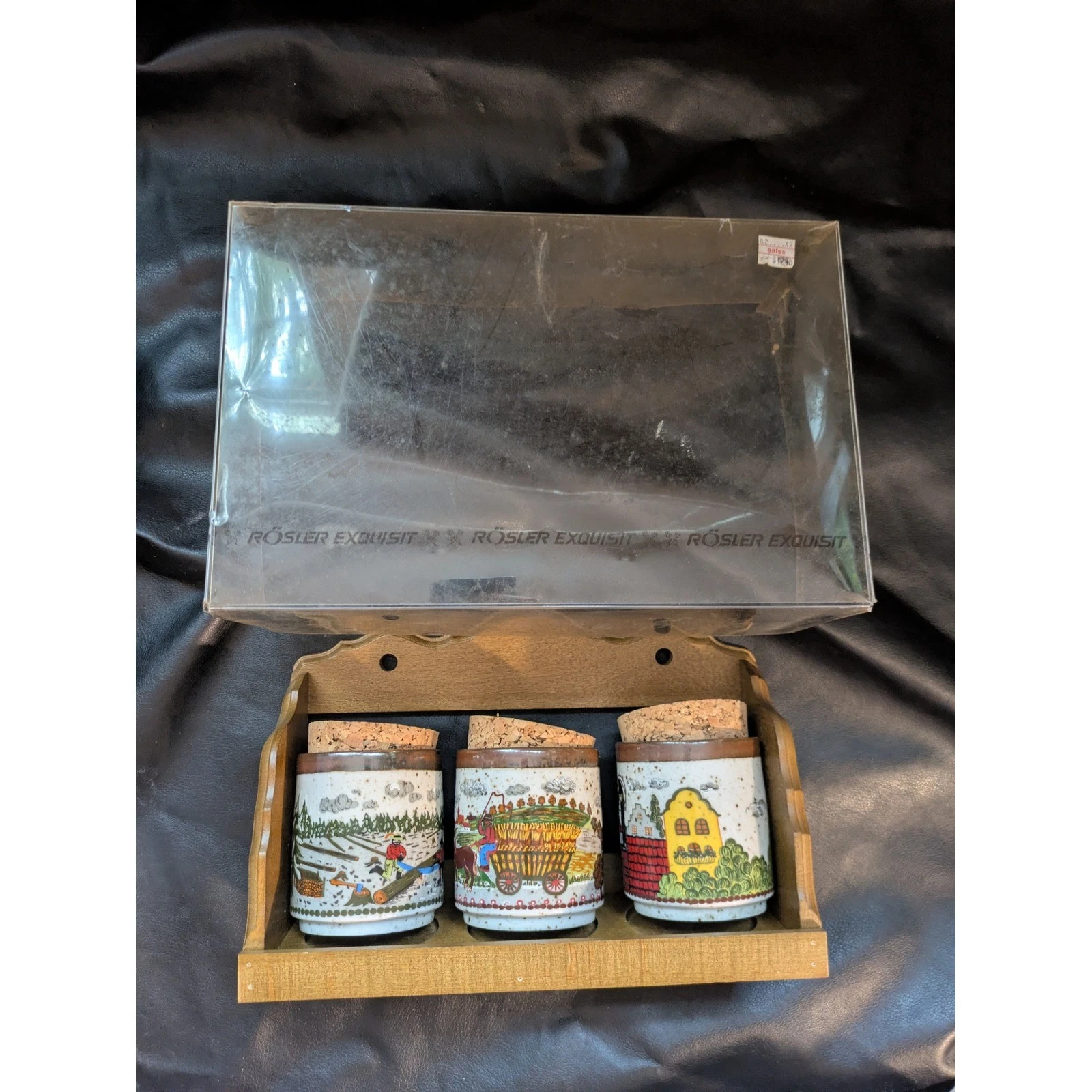 Rosler Exquisit Bavaria Spice Jar Set 3 Ceramic Cork Lids Wood Rack Box NEW