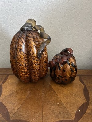 2 Hand Blown Glass Pumpkins Twisted Stem Tortoise Shell Pattern Amber & Black