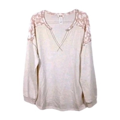 BiBi Top XL Cream Beige V Neck Long Sleeve Soft Knit Relaxed Fit Lounge Pullover