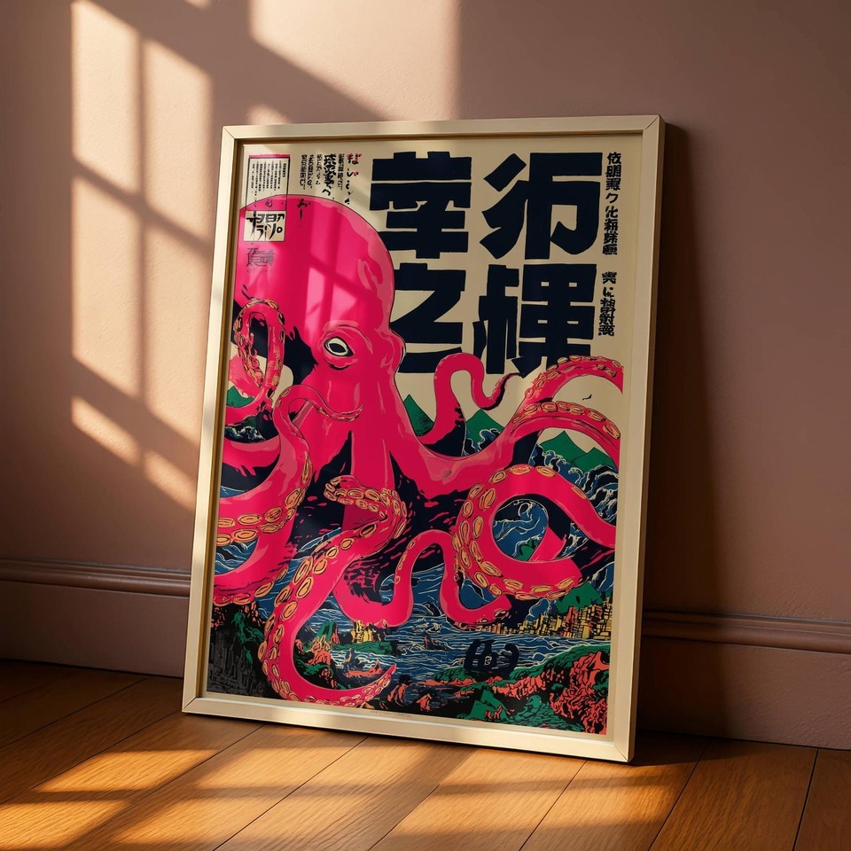 Vintage Japanese Octopus Art Print Retro Ukiyo-e Marine Scene Asian Wall Decor