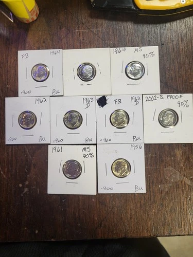 Lot Of 9 Roosevelt Silver Dimes Various Years In 2×2 Flips