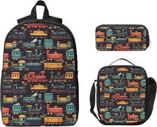 Train School Backpack Kids Girls Boys Teens 3PCS Bookbag with Lunch Box 