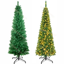 Christmas Tree Slim Pencil 5ft 6ft 7ft Green with Warm White Lights Xmas Trees