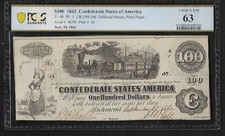 1862 Confederate States $100 T-40, PCGS Choice Unc. 63