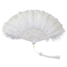 Prebafo White Foldable Feather Fan Handheld Chinese Vintage Style Hand