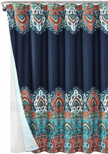 Bohemian Meadow 14-Piece Shower Curtain Set with Liner and Rings, Navy