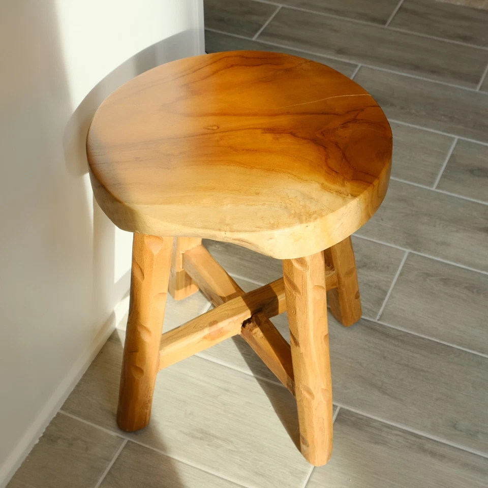 Rustic Teak Solid Wooden Stool Natural Round Side Table Bedside Table 19.5" H - Image 3 of 4