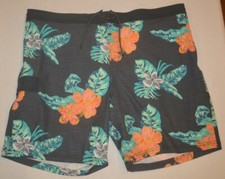 Men's George Hibiscus Gray Quick Dry Stretch E-Board Swim Trunks Shorts 2XL, 3XL