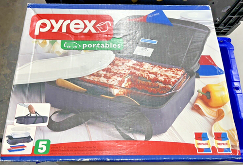 Pyrex Portables 3 Qt 5pc Set Insulated Carrier 13x9” Glass Dish New Verizon Logo
