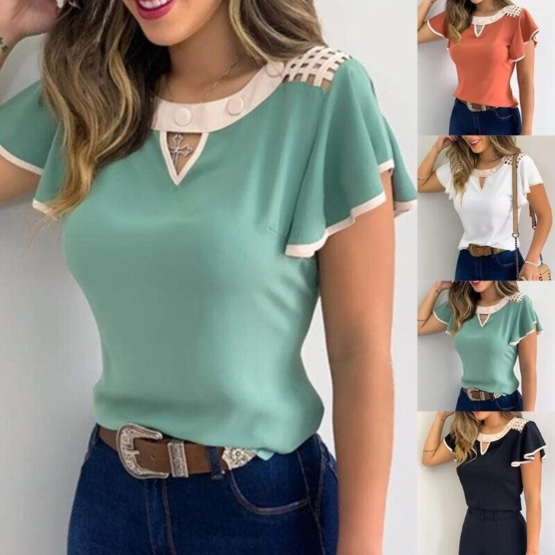 Reciclar implicar Peticionario Elegante Casual Manga Corta Blusas De Mujer Camisas Moda Blusa Nueva Camisa  Top | eBay