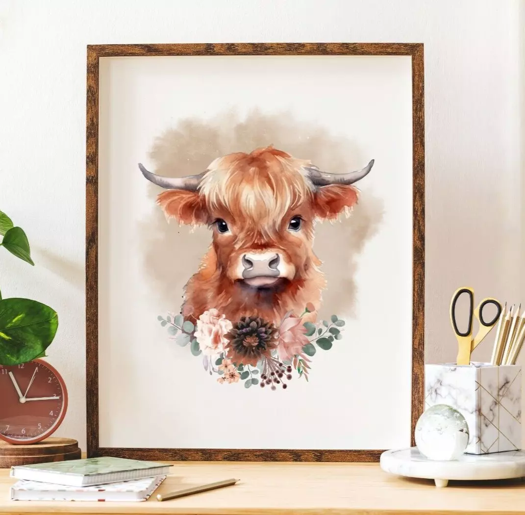 Cow Art Print Highland Cow With Flowers Art Print Farmhouse Wall