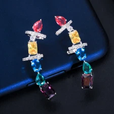 Symmetrical Multicolor CZ Long Skeleton Sqaure Cuff Clamp Stud Earring for Women