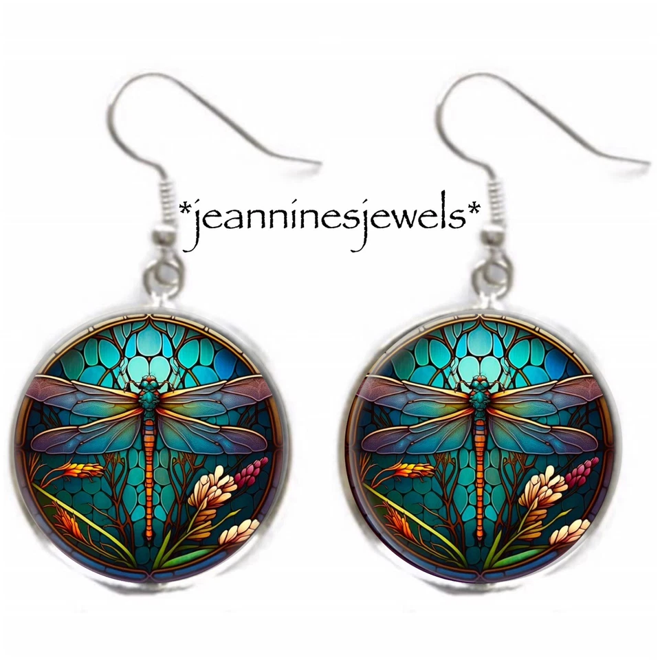 Dragonfly Earrings TEAL Blue Boho Bohemian Art Nouveau Print Silver Charm Dangle - Image 3 of 4