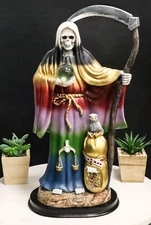 Large 16.75"H Rainbow Holy Death Santa Muerte Holding Scythe Globe W/ Owl Statue
