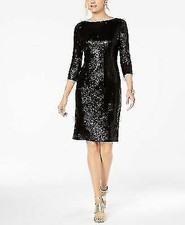 ADRIANNA PAPELL Womens Black V-back Sequin Sheath Dress 4