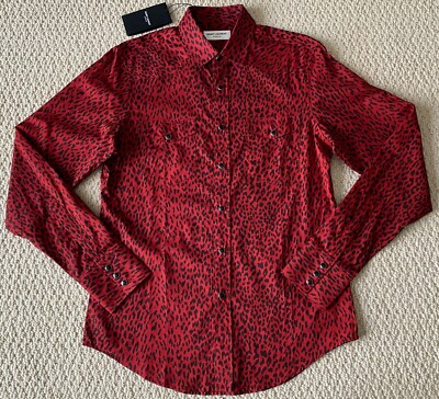 NWT Saint Laurent YSL Red Black Babycat Leopard Print Western Snap