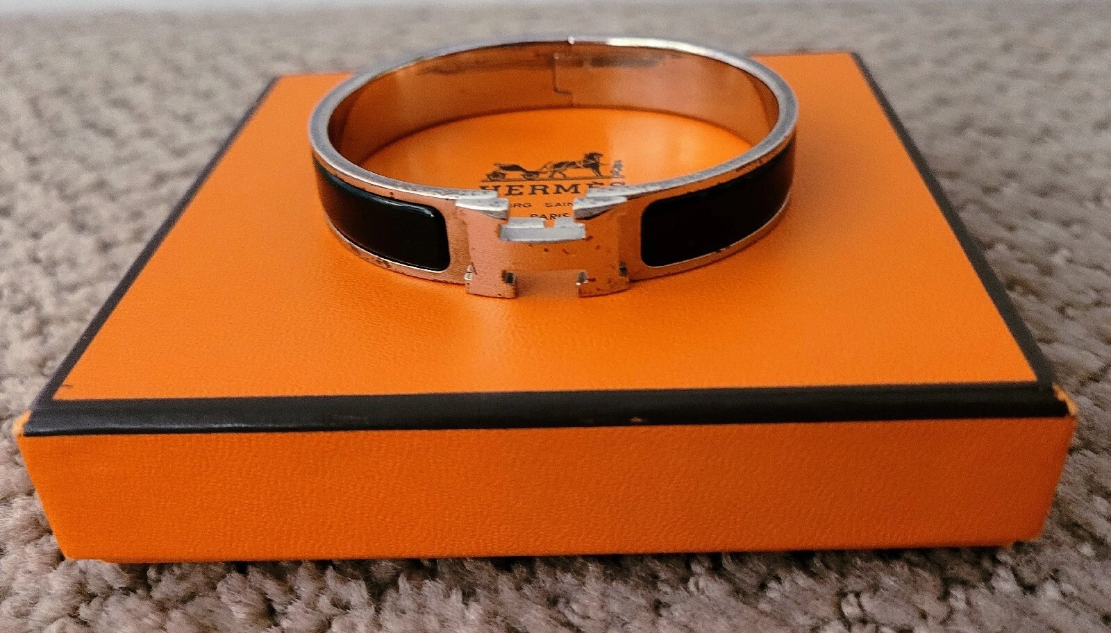 HERMÈS AUTENTICO BRACCIALE HERMES CLICK CLAC SCATOLA BRACCIALE USATA NERO E ARGENTO