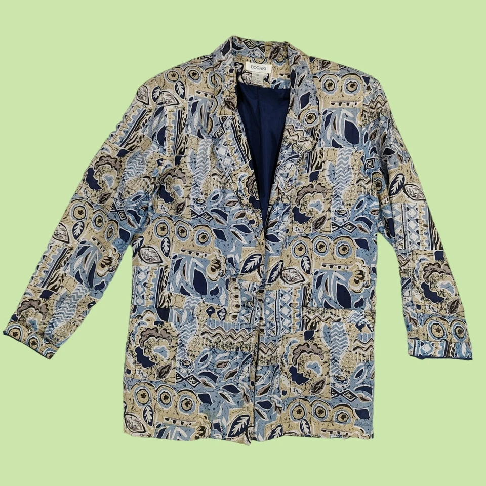 Blazer Bogari M 100% Seda Floral Azul Beige Top Chaqueta Mujer Foto 3 de 4