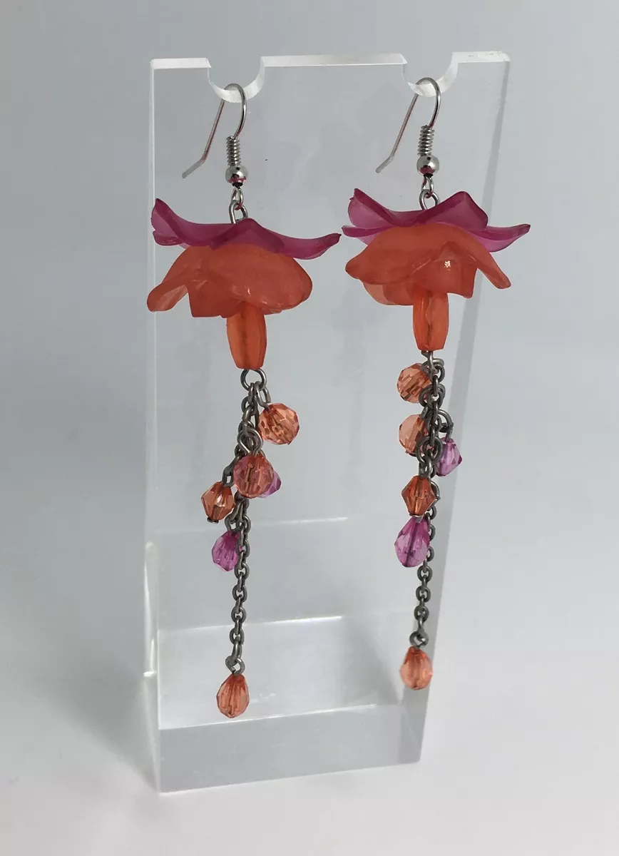 LONG 3 D FUCHSIA FLOWER EARRINGS PINK ORANGE ACRYLIC SILVER PLATED