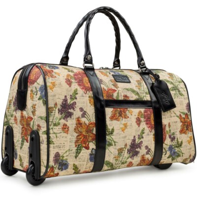 Patricia Nash Avola Trolley Weekender Wheeled Duffel Bag Parisian Newspaper NWT