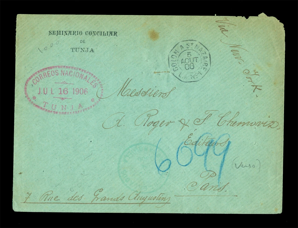 COLOMBIA 1906 Registered cover from TUNJA (scarce) to France w/ 5c Sc# 317+ F20 - Image 2 of 3