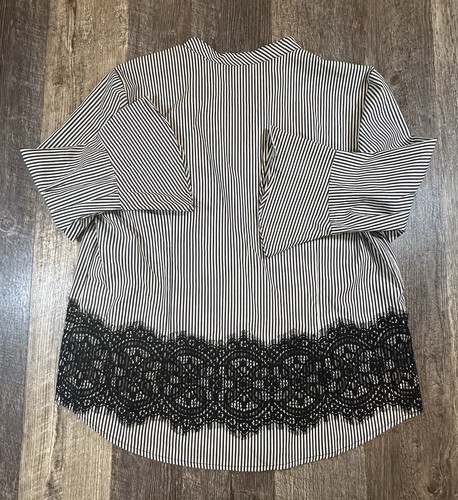 Anne Klein Blouse Top Women's Sz Large Black White Stripe Lace Waist Gold Zipper - Picture 8 of 17