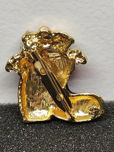 Vintage Navidad Rojo Medias Pin Papá Noel Bota Estrás Tono Dorado-Esmalte Rojo - Imagen 4 de 4