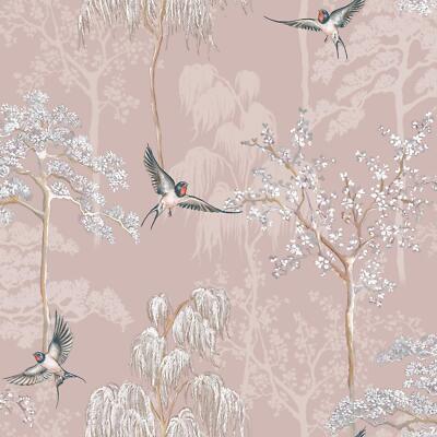 Japanese Garden World of Wallpaper Oriental Floral Trees Birds Blush E100335AH