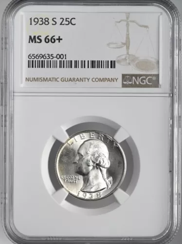 1938-S  25C WASHINGTON SILVER QUARTER GEM NGC MS66+ "PLUS GRADE"  #6569635-001