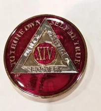 14 Year AA Sobriety Coin Medallion- Rich Mandarin Red Enamel 14th Year XIV BSP