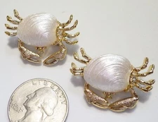 Vintage Numbered Pair Gold Plate & White Sea Shell Crab Scatter Pins 1.25"