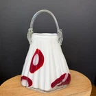 Vintage Murano Style Art Glass Purse Bag Vase White Red Hand Blown Handle