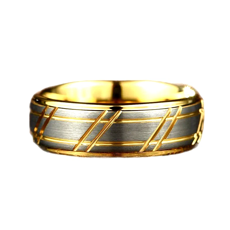 Anillo de boda para hombre de 8 mm dorado plata carburo de tungsteno martillado patrón grabado Foto 4 de 4