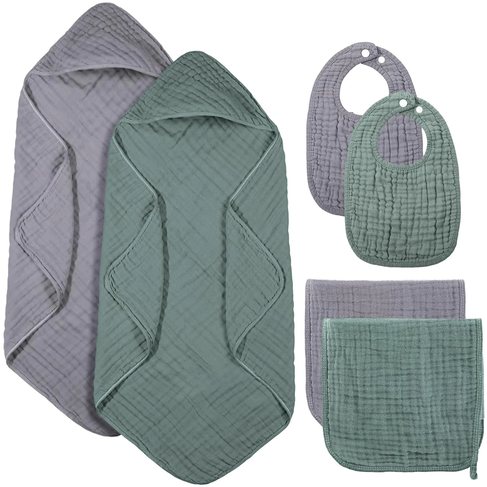 6 Pcs Muslin Hooded Bath Towels Washcloths and Bibs Set, Muslin Cotton Baby T...