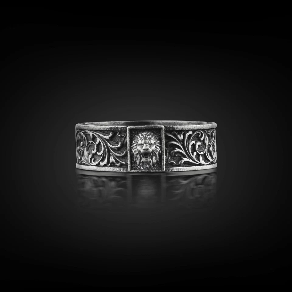 Bague ruban rugissement lion argent sterling oxydé chat sauvage zodiaque bijo... - Photo 2/4